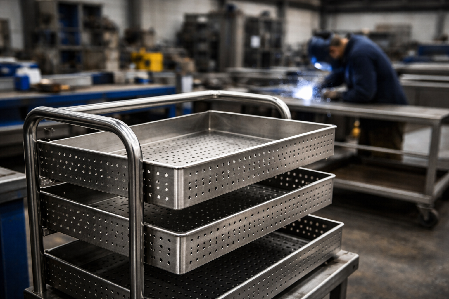 Industrial stainless steel trolley in workshop